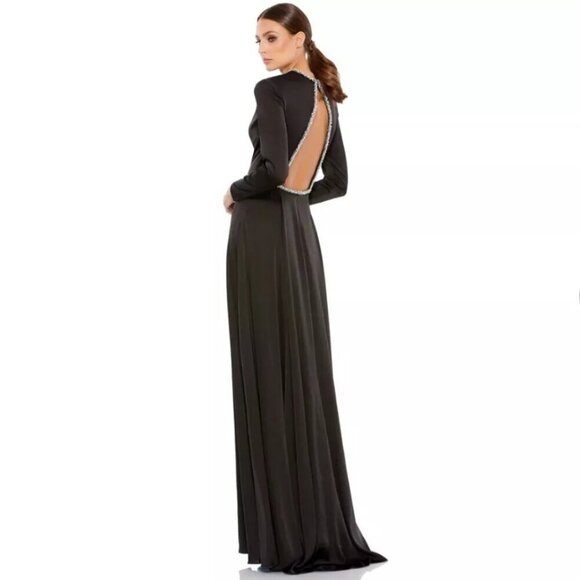 NWT Mac Duggal Long Sleeve Jewel Trimmed Charmeuse Gown Black 6 #8320 - Picture 4 of 8